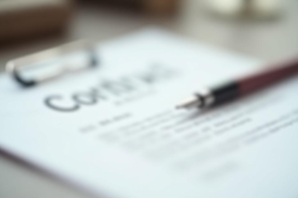 Bilde av et dokument med en penn og Larvikitt Design-logoen, som symboliserer immaterielle rettigheter og avtaler.