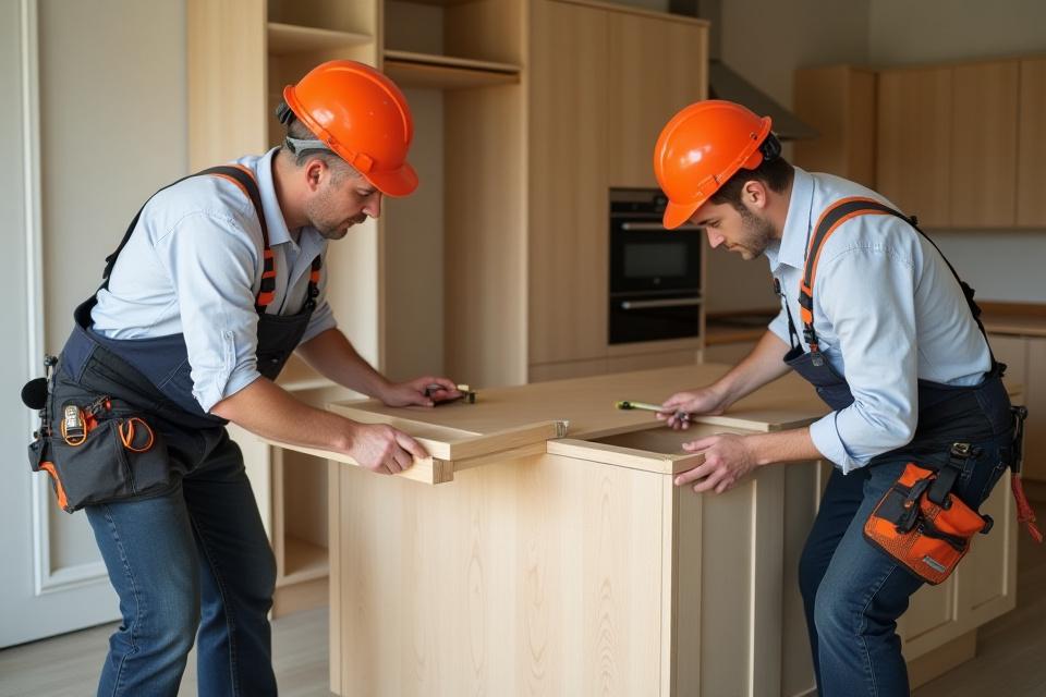 Profesjonelle installatører monterer et skreddersydd kjøkkenskap med presisjon.