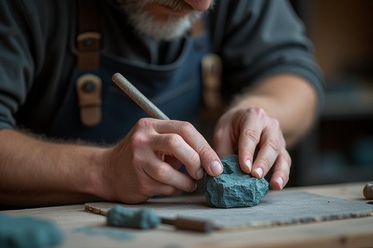 Håndverker som arbeider med Larvikittstein i verkstedet